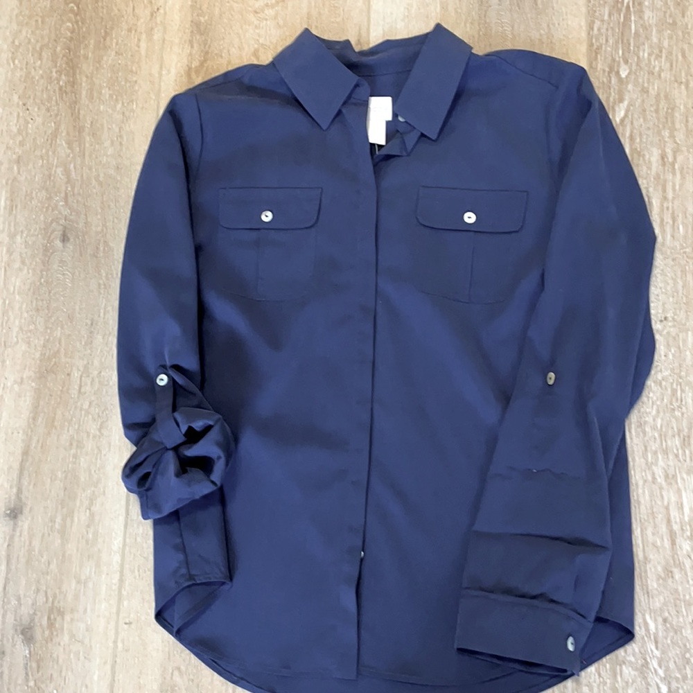 Chicos- New with Tags: navy button down blouse